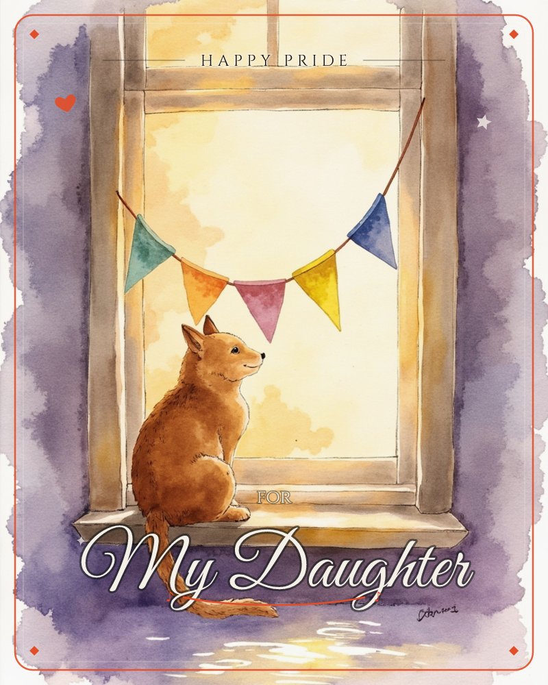 A ginger cat sits on a windowsill, gazing up at a string of colourful triangle bunting hung across the glass, a pride e-card design
