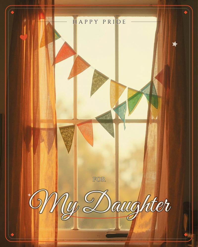 A paned window glows with warm afternoon light, sheer curtains drawn back on either side, a pride e-card design