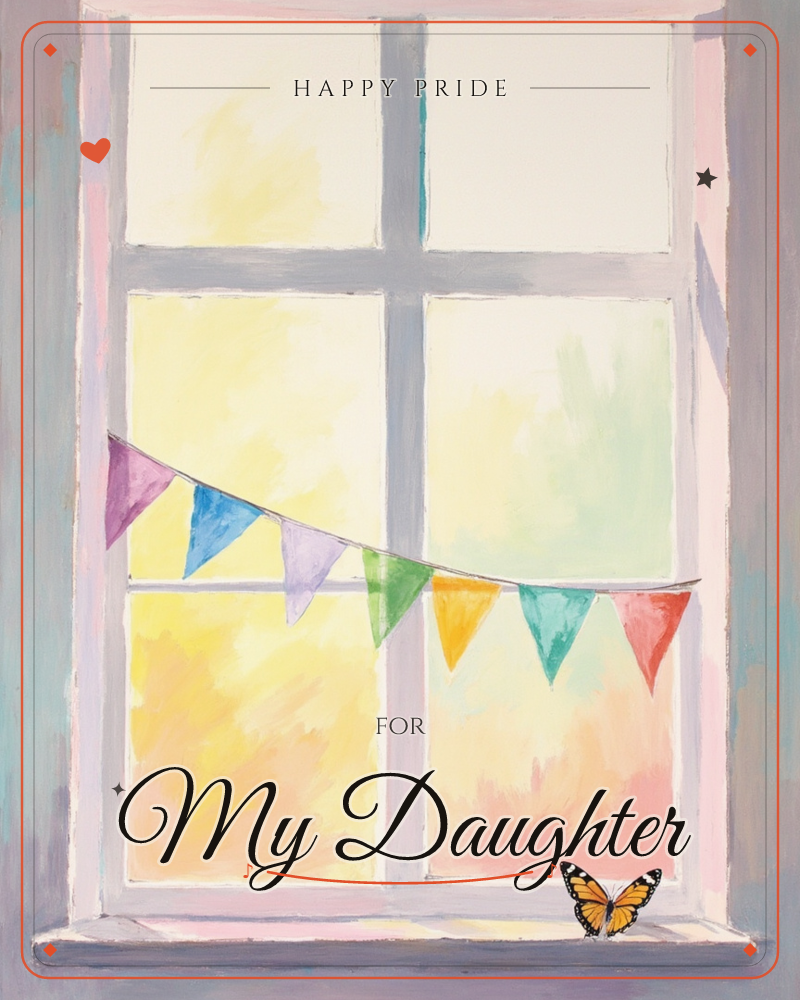 A painted window frame in soft mauve looks out onto a wash of buttery yellow, pink and mint light, with a string of rainbow bunting draped across the…, a pride e-card design