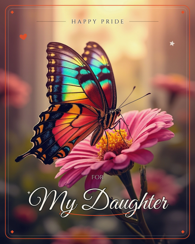 A vividly patterned butterfly rests on the golden center of a pink zinnia, its wings glowing with turquoise, red, and orange bands against a soft…, a pride e-card design