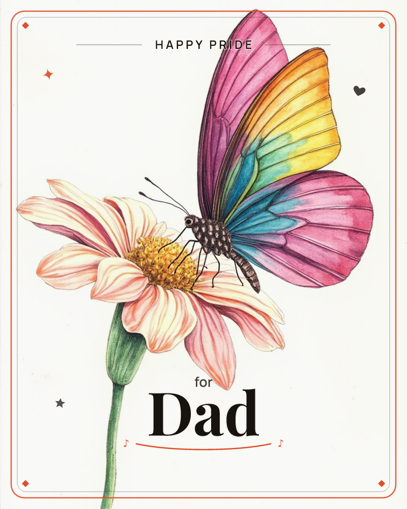 A vividly patterned butterfly with magenta, gold, and turquoise wings rests atop a pale pink zinnia in full bloom, a pride e-card design