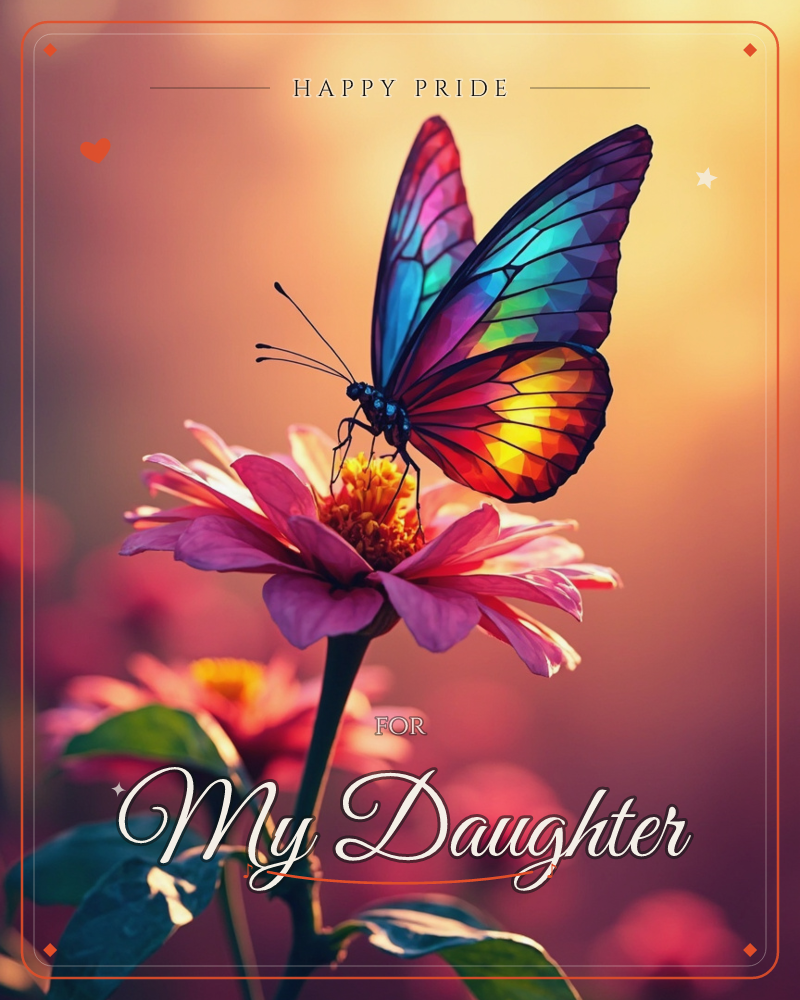 A butterfly with stained-glass wings in rainbow hues rests on a pink zinnia bloom, backlit by a warm golden sunset glow, a pride e-card design