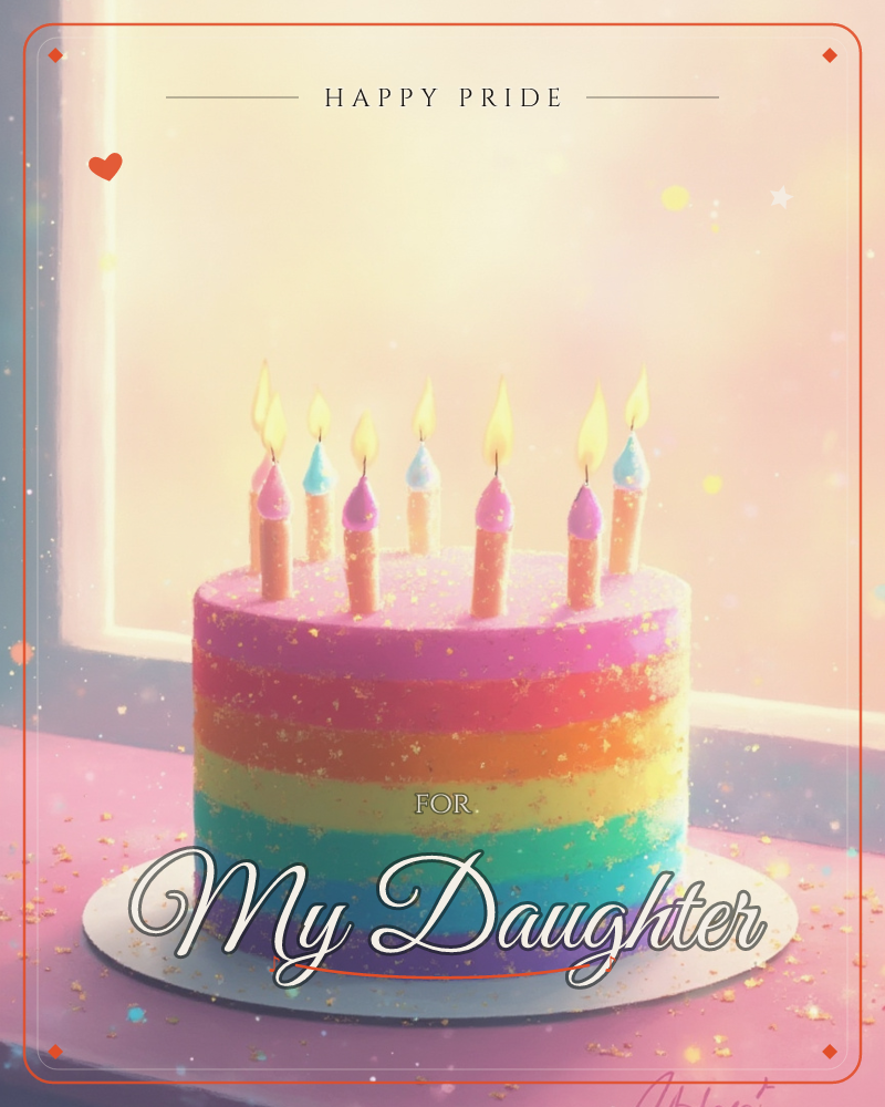 A tall rainbow-layered cake sits on a round grey plate before a glowing window, its stripes of pink, orange, yellow, teal and purple dusted with…, a pride e-card design