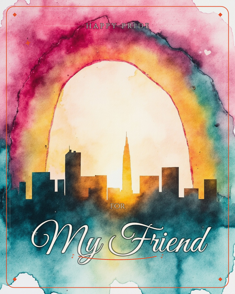 A city skyline sits in silhouette beneath a glowing watercolour arch, the buildings dark against a blaze of golden light at the horizon, a pride e-card design