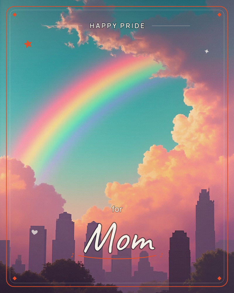 A rainbow arcs over a silhouetted city skyline, framed by billowing clouds glowing pink and gold at the edges against a teal sky, a pride e-card design
