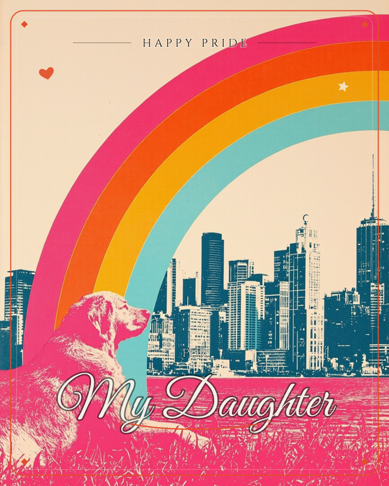 A large dog sits in profile against a city skyline, gazing up as a bold striped rainbow arcs overhead in pink, orange, yellow and teal, a pride e-card design