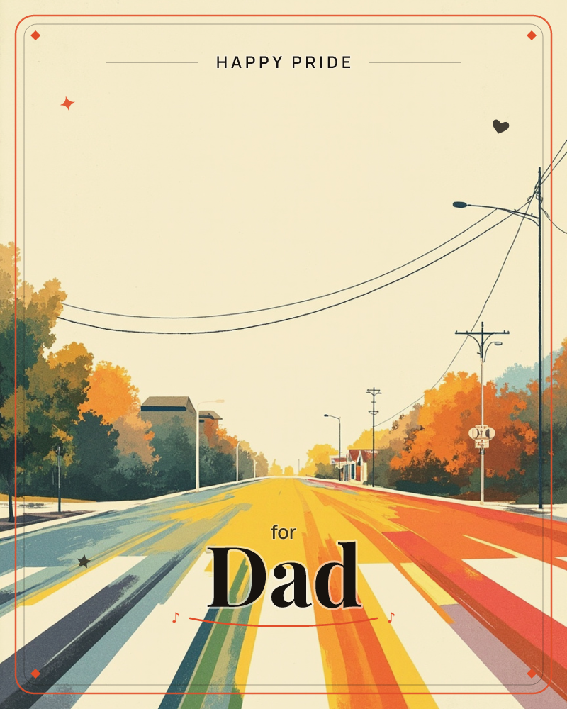 An empty small-town street stretches toward a pale horizon, lined with autumn trees in gold, orange and green, a pride e-card design