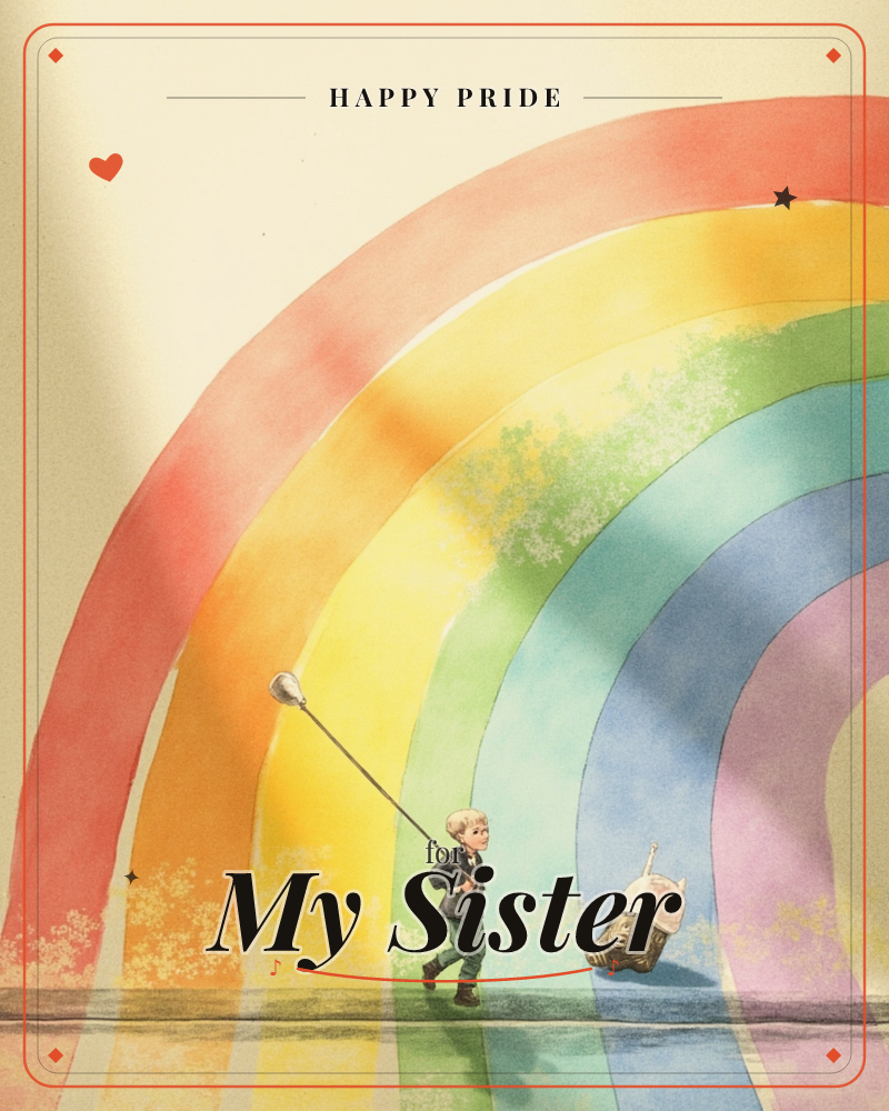 A child in a green jacket strides beneath a huge watercolour rainbow, dragging a bare lightbulb on a long wire like a balloon, with a small suitcase or…, a pride e-card design