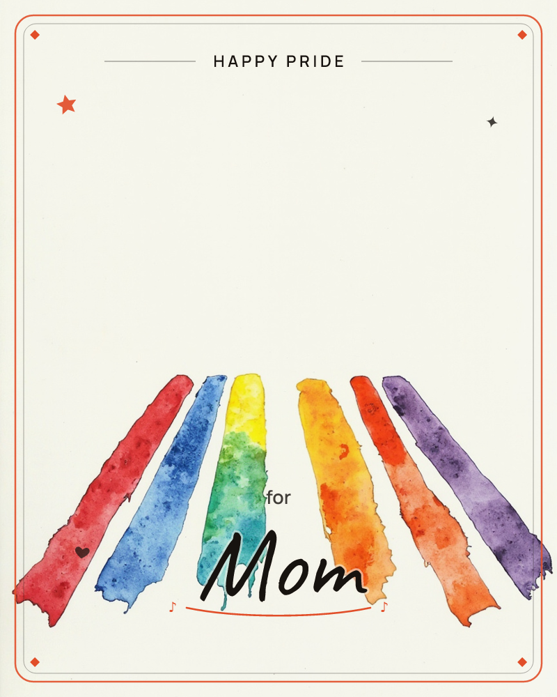 A row of loose watercolour brushstrokes rises from the bottom of the page like fanned ribbons or candle flames, running through red, blue…, a pride e-card design