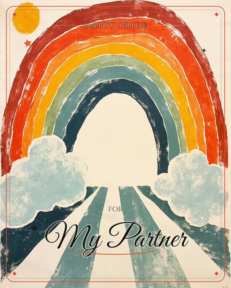 A stylized rainbow arches over a road that stretches into the distance, flanked by two puffy clouds and a small mustard sun in the corner, a pride e-card design