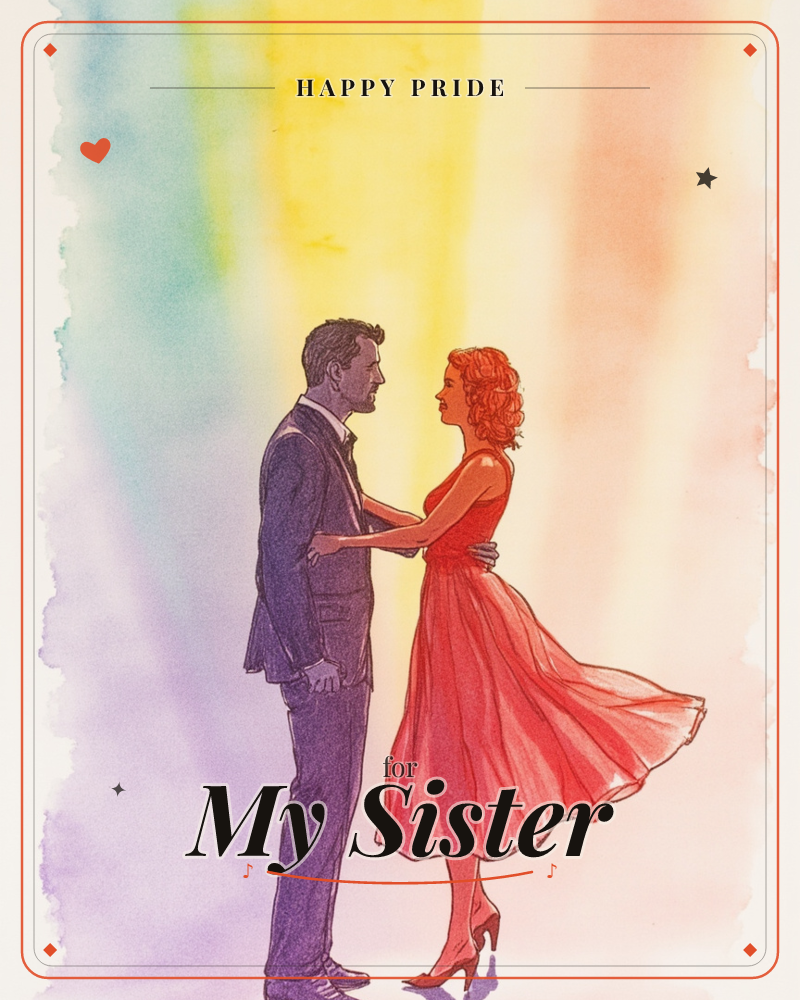 A man in a dark suit and a woman in a swirling red dress stand close, her hand resting on his chest as they gaze at each other mid-dance, a pride e-card design