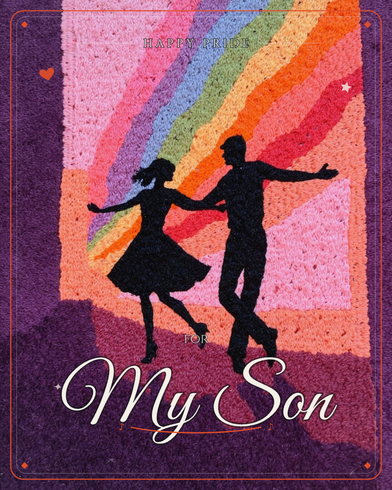 A textured, tufted illustration shows two silhouetted figures caught mid swing-dance, her skirt flaring out as he spins her, against a backdrop of a…, a pride e-card design