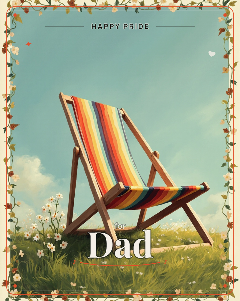 A wooden-framed deckchair with a rainbow-striped canvas seat sits alone on a grassy hillside dotted with small white flowers, a pride e-card design