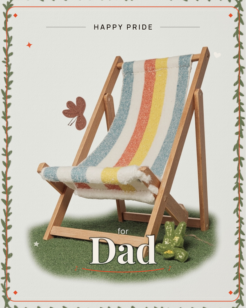 A wooden deckchair with a striped canvas seat in blue, coral, yellow and cream sits on a patch of green turf, a small brown butterfly hovering beside…, a pride e-card design