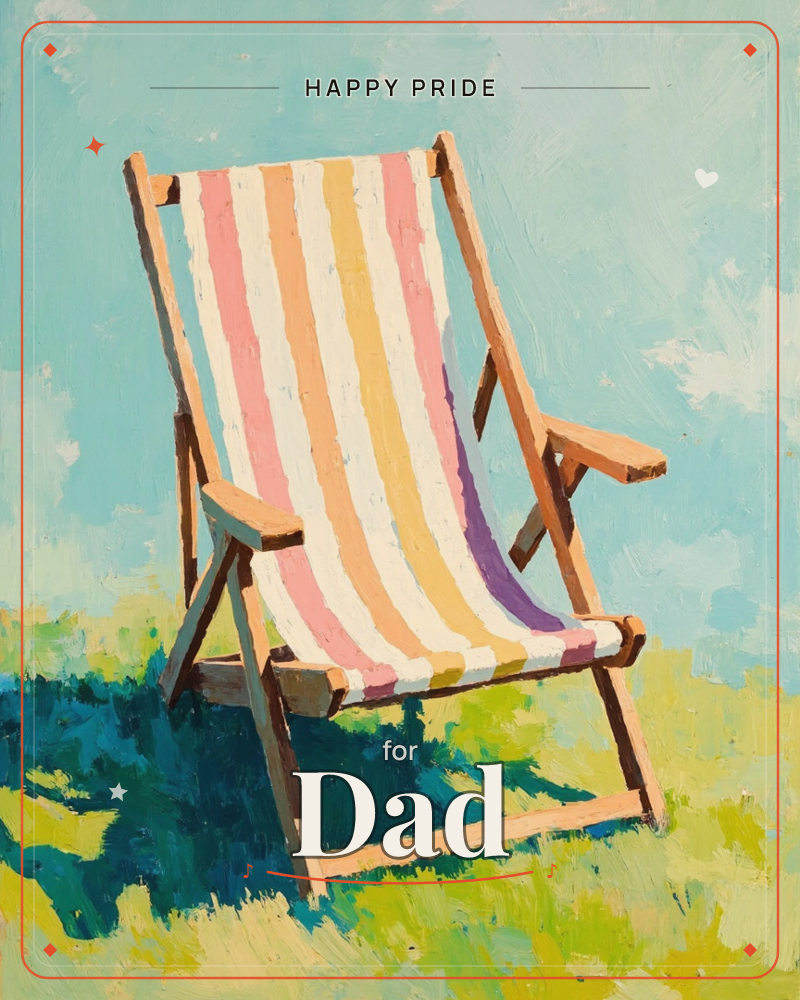 A wooden deckchair with candy-striped canvas sits empty on sunlit grass under a pale blue summer sky, a pride e-card design