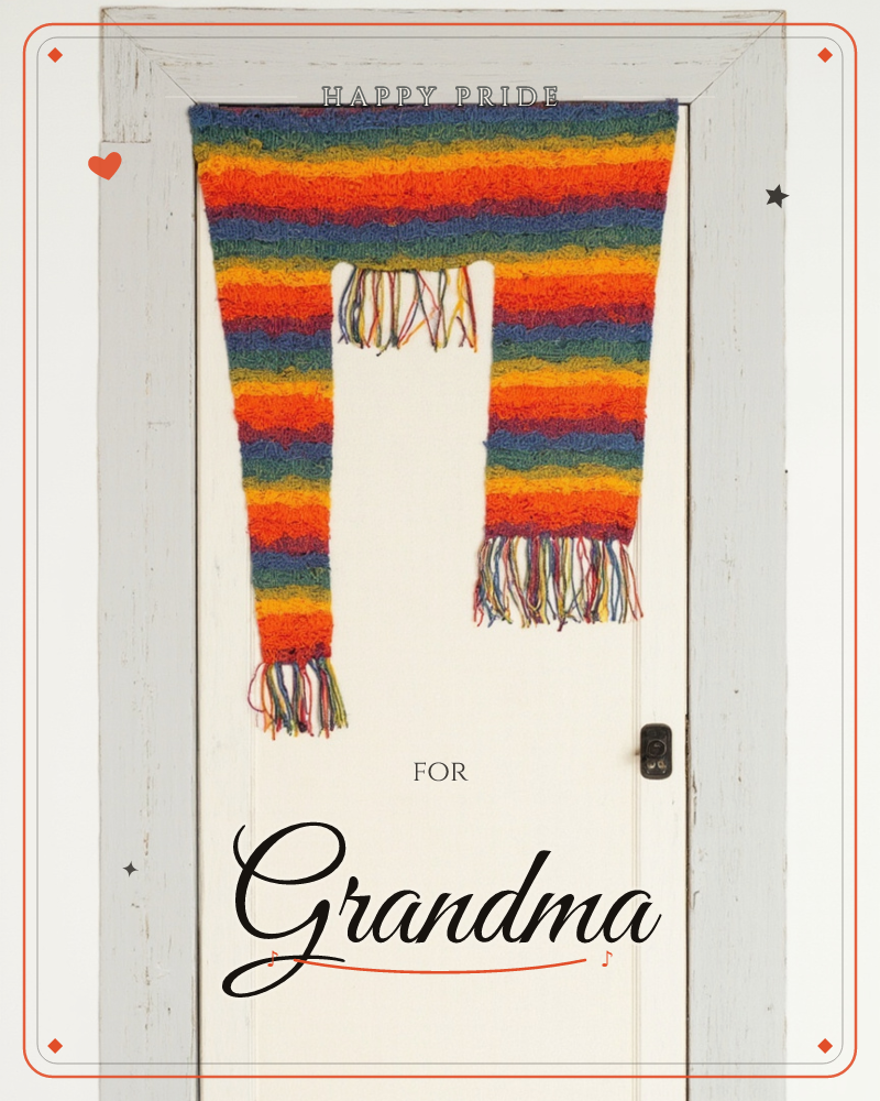 A knitted rainbow-striped scarf with fringed ends hangs draped over the top of a white wooden door, its bold bands of red, orange, yellow, green and…, a pride e-card design