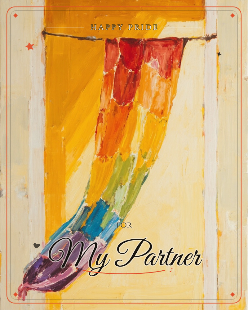 A single stocking hangs against a warm mustard-yellow wall, painted in loose, thick brushstrokes that shift from deep red at the top down through…, a pride e-card design
