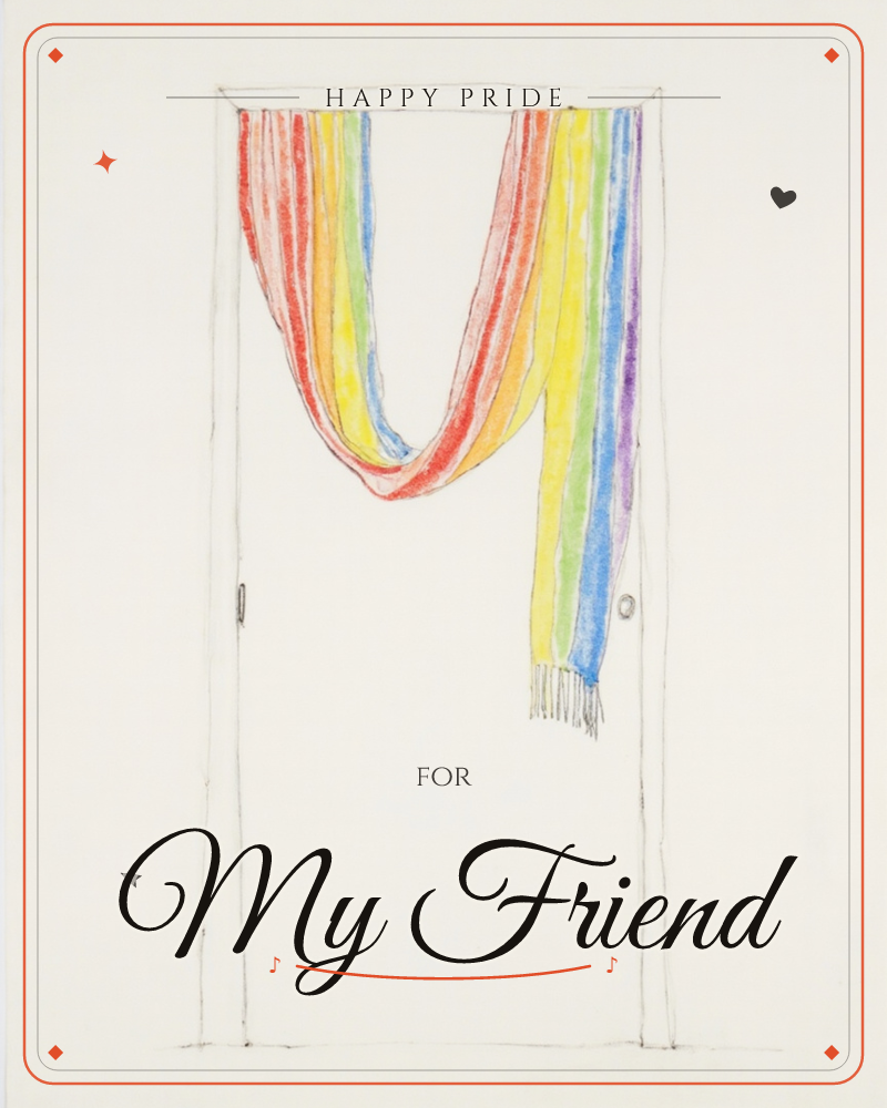 A hand-drawn doorway is hung with a striped rainbow scarf, looped over the frame so its fringed ends dangle unevenly on either side, a pride e-card design