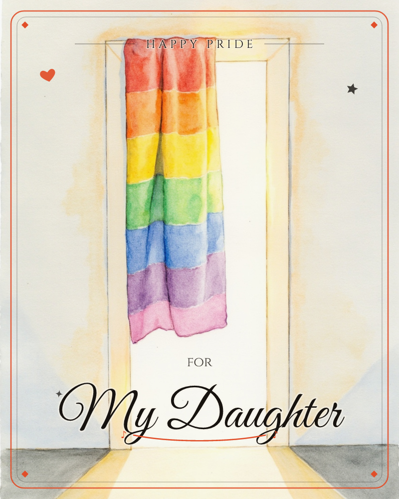 A rainbow-striped cloth hangs draped over the top of an open doorway, its folds catching red through violet in soft watercolour bands, a pride e-card design