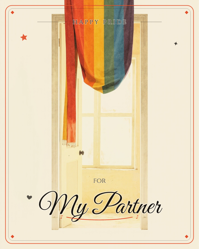 An open doorway leads into a sunlit room, with a soft rainbow-striped scarf draped over the top of the frame, its fringed ends trailing down one side, a pride e-card design