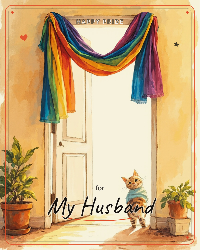 An open white door glows with warm light, draped across the top with a swagged rainbow-striped scarf, a pride e-card design