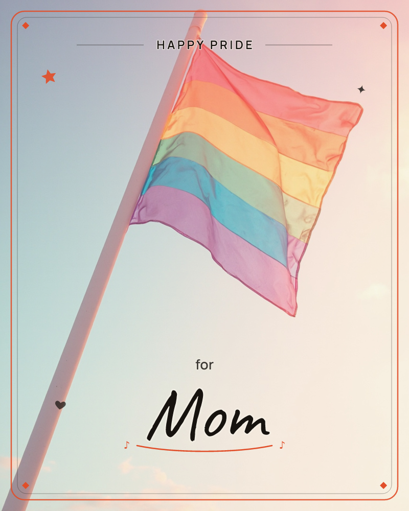A rainbow flag flutters from a pale pole against a hazy, sun-washed sky, its six stripes glowing softly in warm backlight, a pride e-card design
