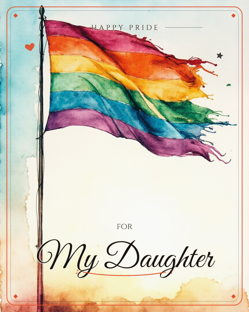 A rainbow pride flag ripples from a slender pole against a soft, hazy sky, its stripes rendered in loose watercolour washes that bleed and drip at the…, a pride e-card design