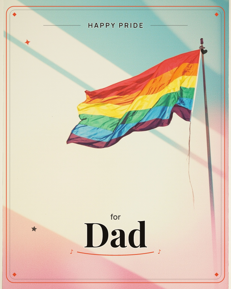 A rainbow flag ripples from a slim pole against a pale, sun-bleached sky, its six stripes catching the light in full colour, a pride e-card design