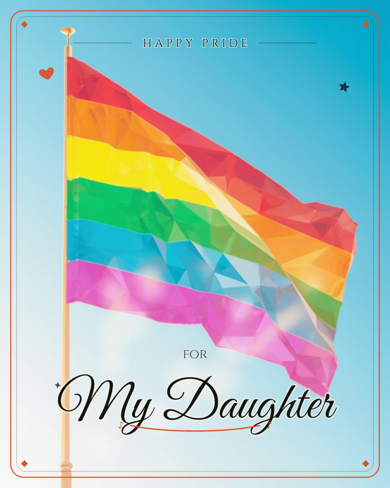 A rainbow pride flag flies from a gold-tipped pole against a bright blue sky, its fabric rendered in faceted, low-poly panels that catch the light like…, a pride e-card design