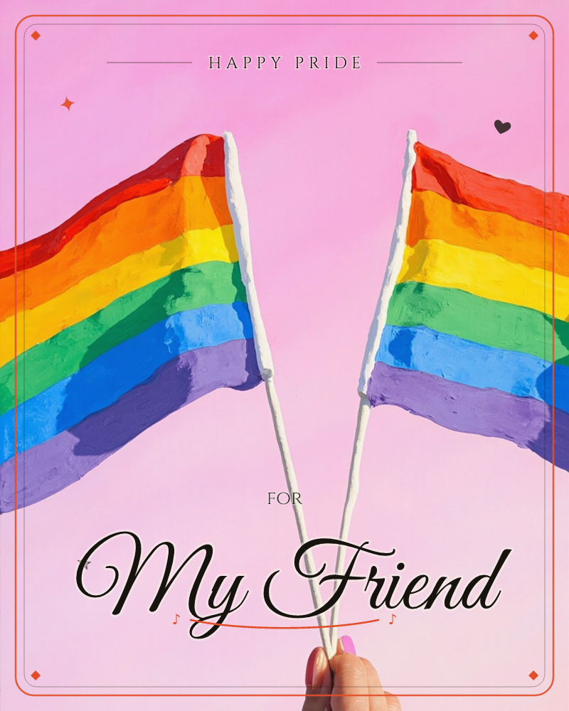 Two painted rainbow flags on white poles cross and wave against a soft pink sky, held from below by a single hand, a pride e-card design