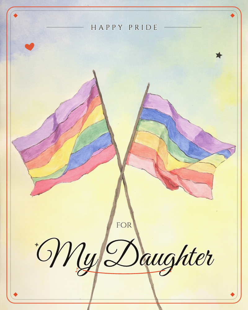 Two rainbow-striped flags cross at their poles against a soft yellow-and-blue washed sky, painted in loose watercolour, a pride e-card design