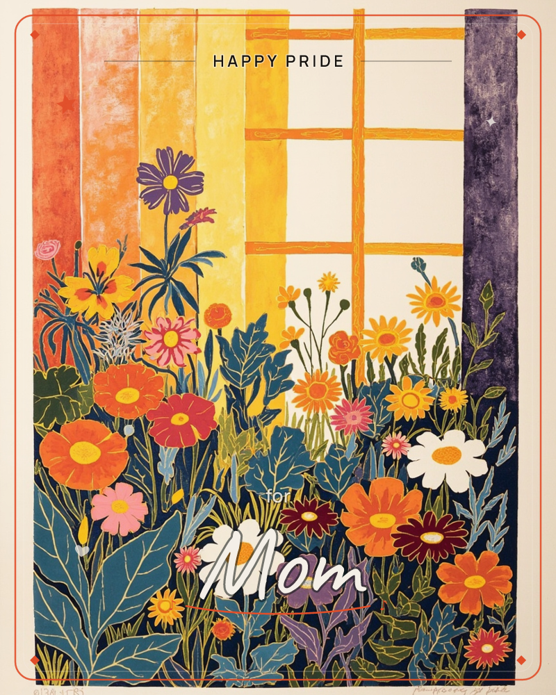 A tall window with orange-painted mullions glows behind a dense tangle of garden flowers in oranges, reds, whites and pinks, a pride e-card design