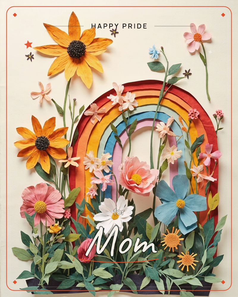 A layered paper-craft rainbow arches over a dense garden of handcut flowers, with sunflowers, cosmos, daisies, and a bold blue bloom filling the…, a pride e-card design