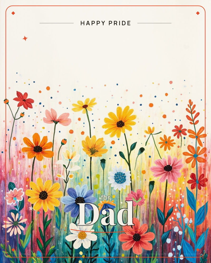A tall meadow of hand-painted wildflowers fills the lower half of the card in reds, yellows, pinks and blues, their thin green stems rising against…, a pride e-card design