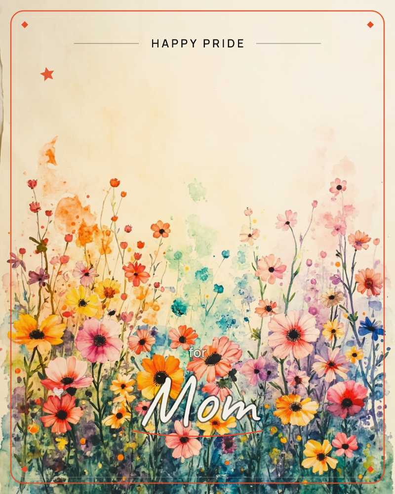 A watercolour meadow of wildflowers stretches across the bottom of the card in loose, blooming washes of colour, with slender stems rising on delicate…, a pride e-card design