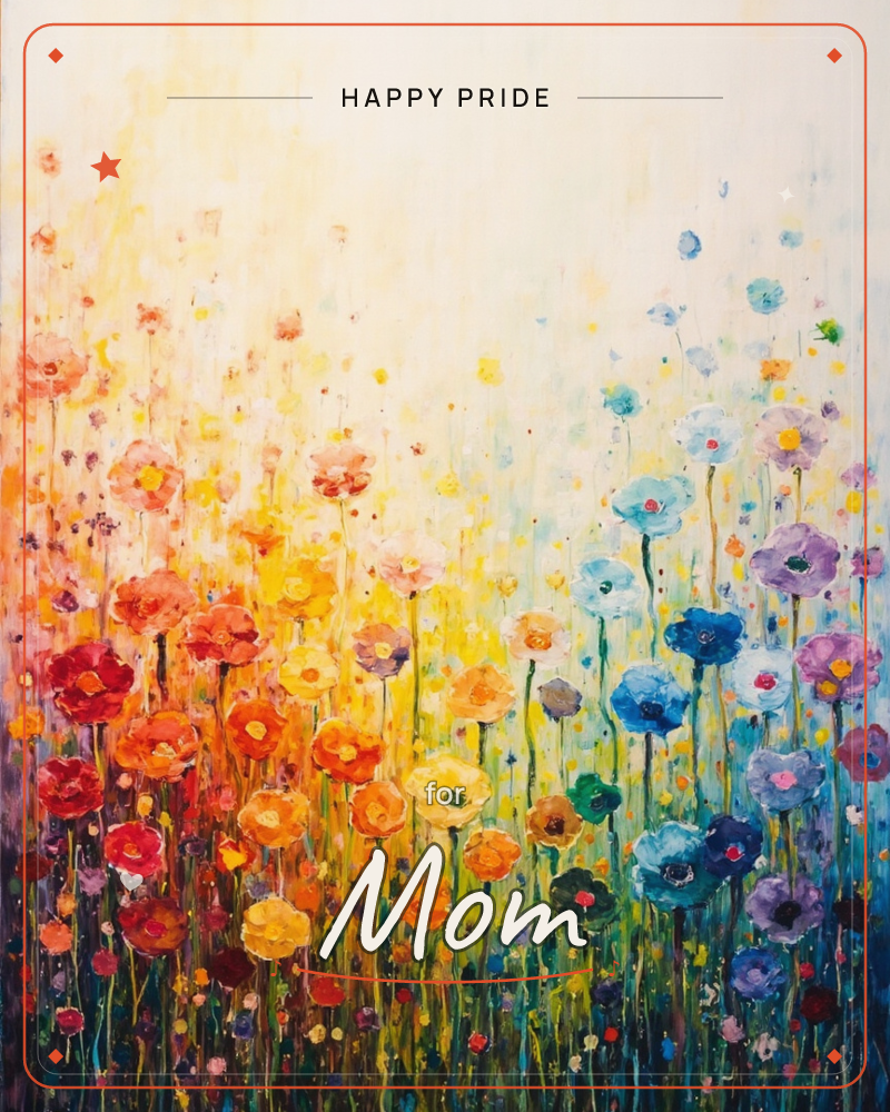 A field of loosely painted poppy-like flowers stretches across the card, shifting from fiery reds and oranges on the left to cool blues and lilacs on…, a pride e-card design