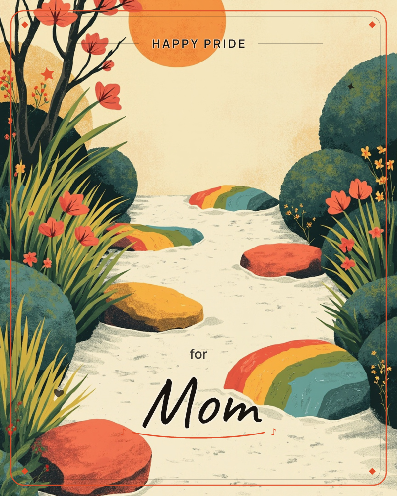 A winding pale path curves through a lush garden of rounded teal bushes, red blossoms, and tall grass, with a warm orange sun glowing low in the cream sky, a pride e-card design