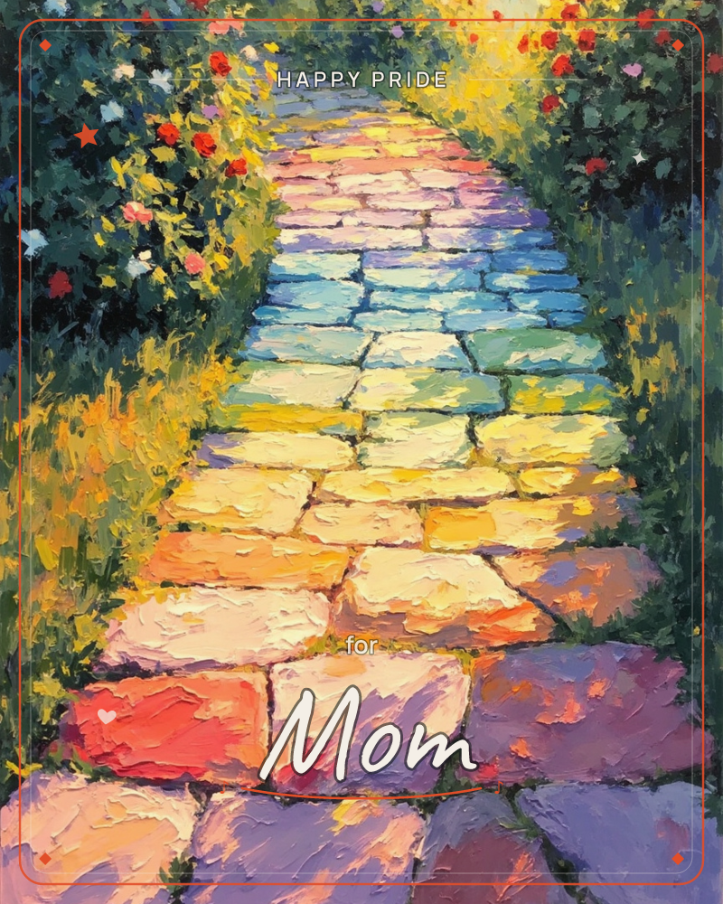 A cobbled garden path glows in shifting colour, from rosy pink at the foot of the stones through gold and green to cool blue in the distance, flanked…, a pride e-card design