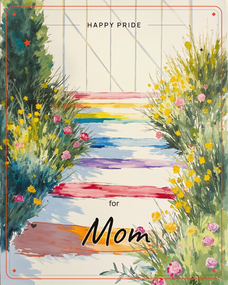 A painted rainbow-striped path leads through a garden gateway, flanked by tall green shrubs studded with yellow blooms and pink roses, a pride e-card design