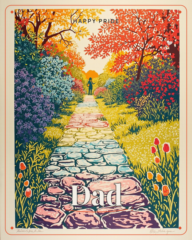 A stone path winds through a lush garden ablaze with autumn color, flanked by blue and lavender flowering shrubs on one side and deep red blossoms on…, a pride e-card design