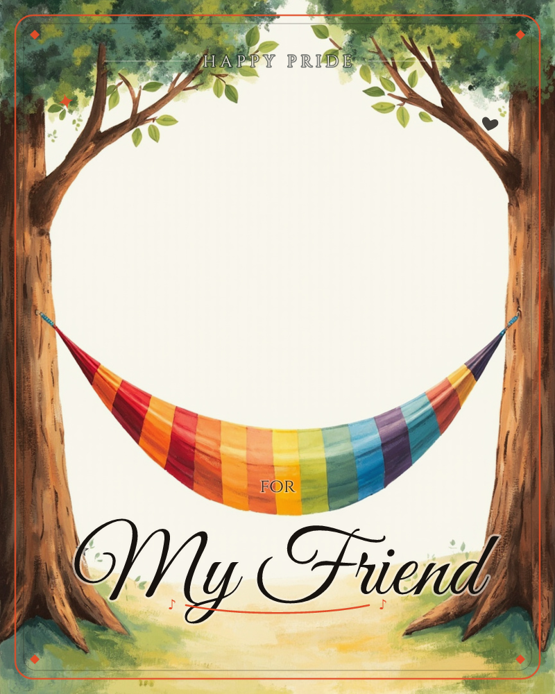 A striped rainbow hammock hangs slack between two thick tree trunks, their leafy canopies meeting overhead to frame an open, sunlit space, a pride e-card design