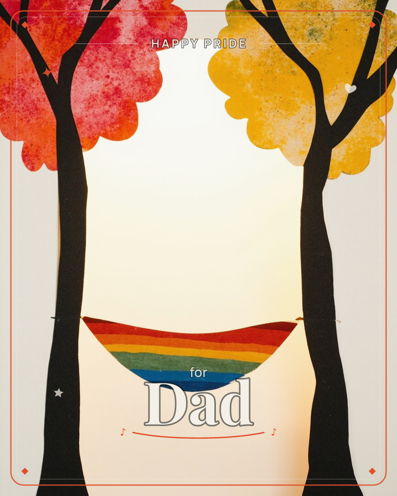 Two silhouetted trees with autumn canopies of red and gold stand on either side of a rainbow-striped hammock strung low between their trunks, a pride e-card design