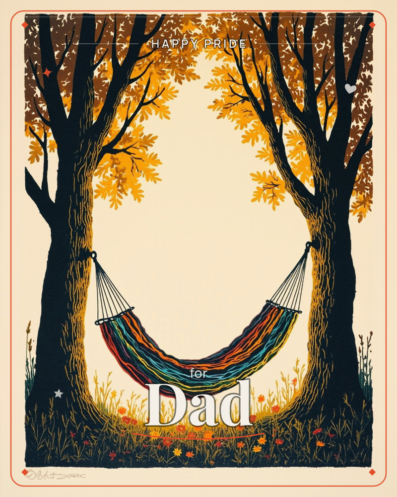 A striped hammock in red, orange, blue and yellow hangs slack between two silhouetted trees whose golden autumn leaves arch together overhead like a…, a pride e-card design