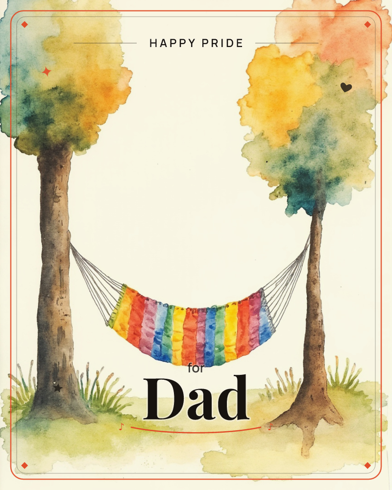 A striped rainbow hammock hangs slack between two tall watercolour trees, their canopies bleeding into gold, green and rust as if painted in early…, a pride e-card design