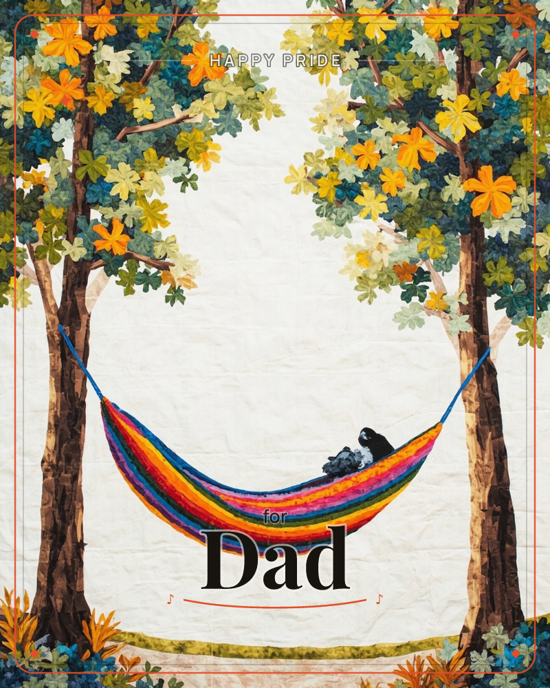 A rainbow-striped hammock is slung between two leafy trees whose autumn-toned foliage frames a plain pale sky, a pride e-card design