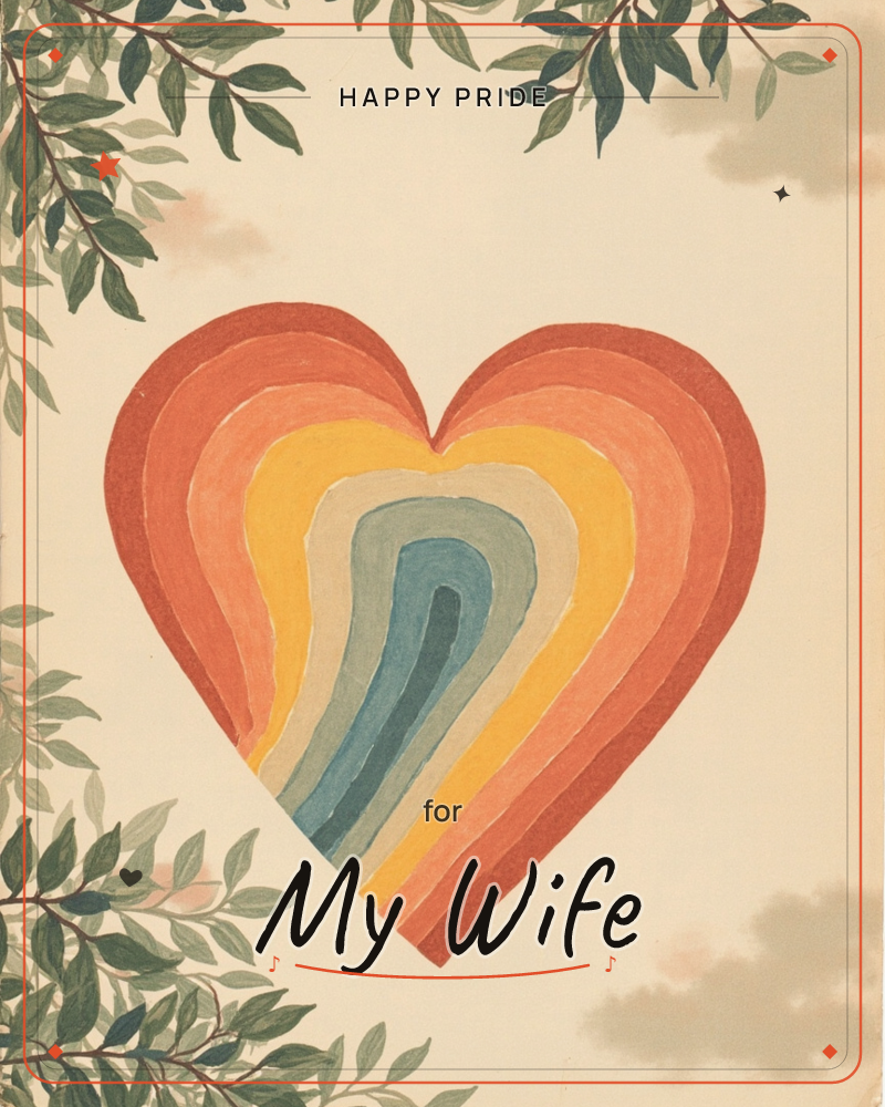 A large heart sits at the centre of a cream page, painted in concentric bands that shift from rust red through orange, gold, and sage into a deep teal…, a pride e-card design