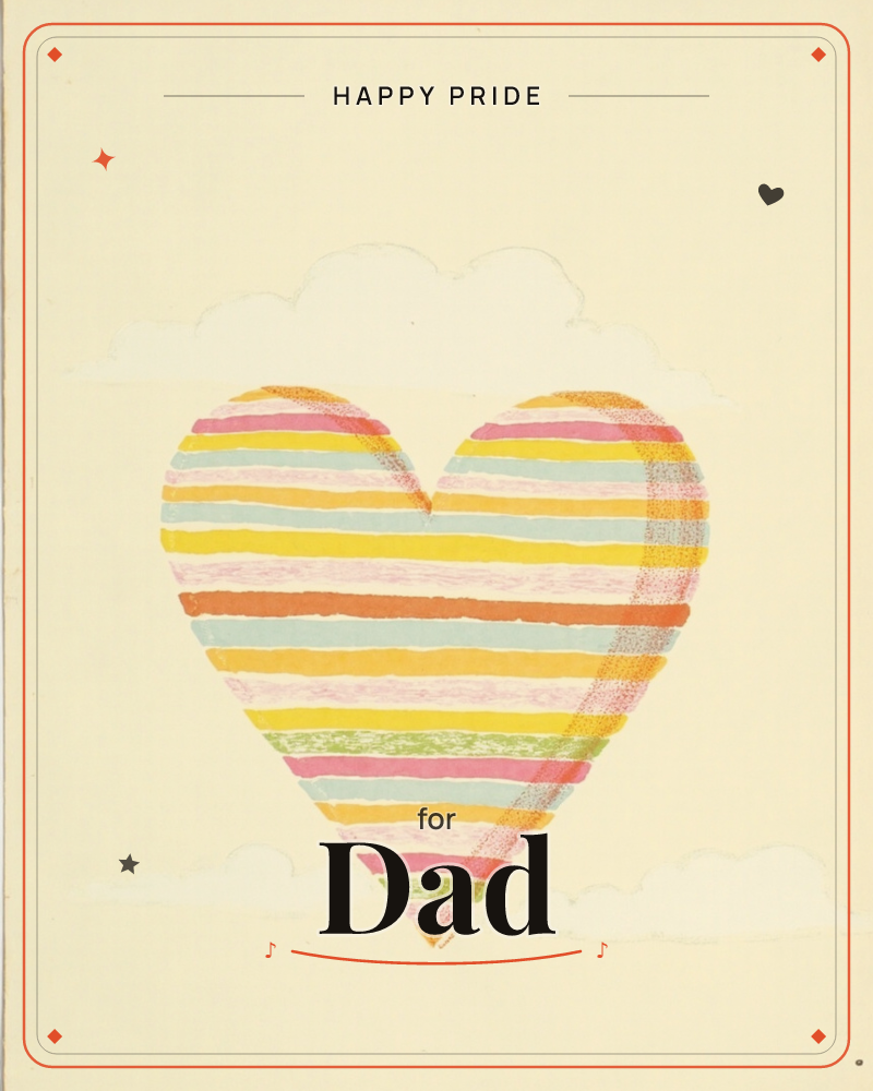 A single large heart floats against a soft cream background, filled edge to edge with horizontal stripes in pink, yellow, orange, mint and gold, a pride e-card design