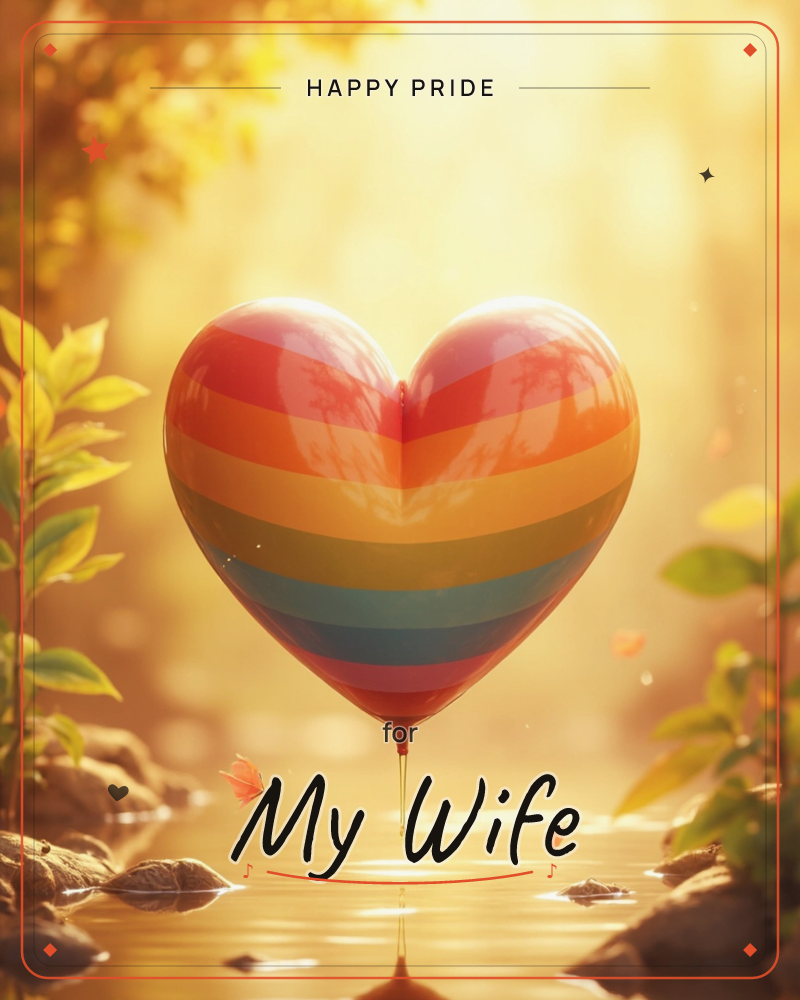A glossy rainbow-striped heart hovers above a still forest pool, a single drop falling from its lowest point and rippling the water below, a pride e-card design