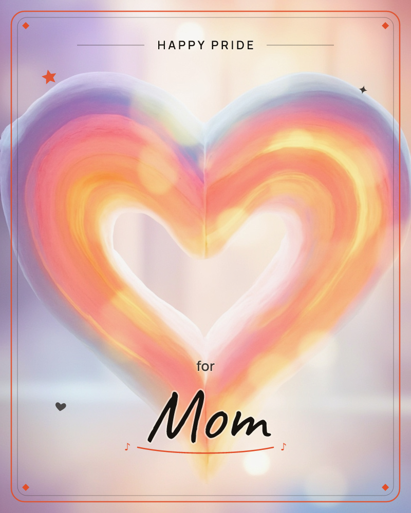 A single glowing heart floats against a softly blurred background, painted in concentric bands of colour that shift from violet at the outer edge to…, a pride e-card design