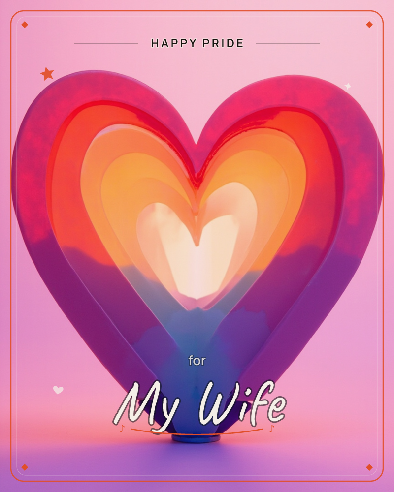 A glossy 3D heart glows from the inside out, layered rings of pink, red, orange and cream nesting toward a bright white core, set against a soft pink…, a pride e-card design